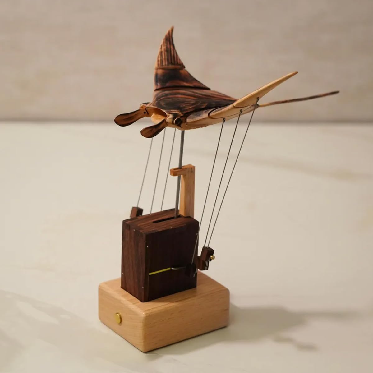 3D Wooden Kinetic Manta Ray, Dynamic Sculpture for Desk Decor from Natural Walnut & Beech Wood, Soothing Motion Art Gift for Adults & Collectors
