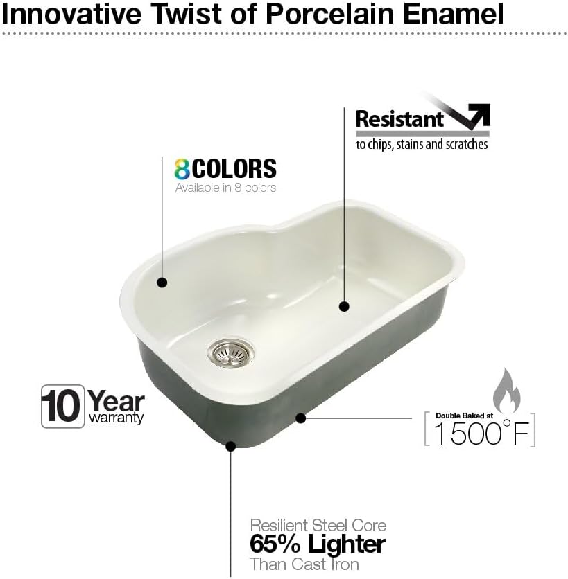 Houzer PCH-3700 MT Porcela 31 Inch Enamel Steel Kitchen Sink, Undermount, Single Bowl Offset, Cabinet Compatibility, Non Porous Surface Impervious to Cracks and Chips, Mint