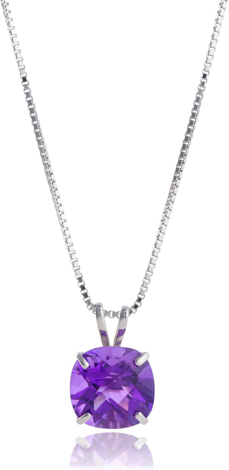 MAX + STONE Cushion Cut Gemstone Necklace | 8mm Solitaire Birthstone Necklace for Women | Gemstone Pendant Necklaces with 18 inch Box Chain