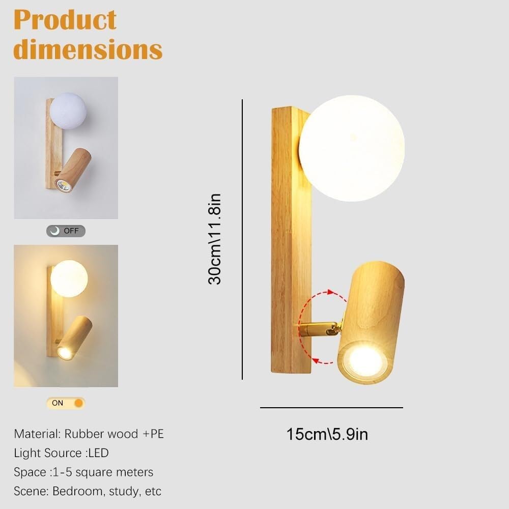 Modern Nordic Solid Wood Wall Sconce Minimalist Globe Acrylic Shade Mount Light with Small Rubber Wood Spotlight Indoor Cozy Ambient Wall Lamp for Living Room Hallway(3 Color Mode) (6000k)