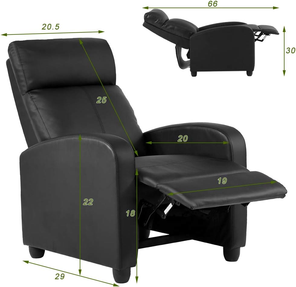 PayLessHere Recliner Chair Single Reclining Sofa Home Theater Seating with Lumbar Support and Padded Backrest for Living Room and Bedroom (Leather, Dark Black)