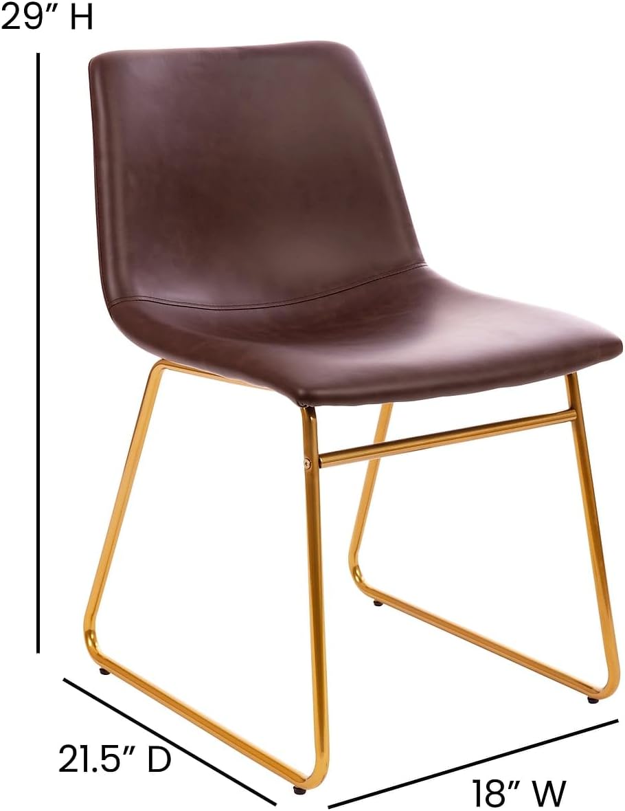 Flash Furniture Butler 18 Inch Commercial Grade LeatherSoft Dining Table Height Chair, Mid-Back Gold Sled Base with Dark Brown LeatherSoft Upholstery, Set of 2