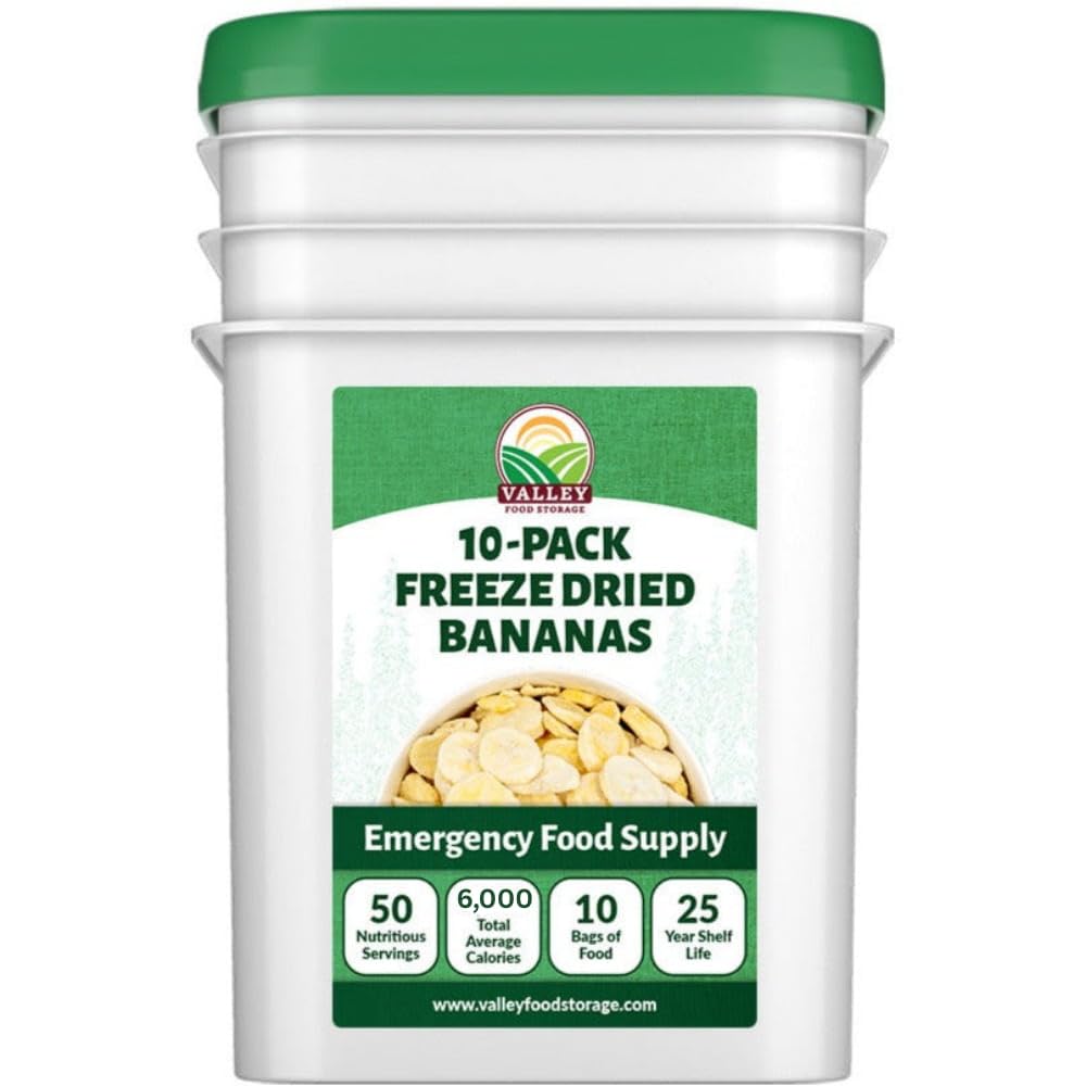 Valley Food Storage Freeze Dried Banana Slices | 10-Bag Bucket, 53 oz | Non-GMO Premium Emergency Food Supply, 25 Year Shelf Life | Prepper Supplies, Survival Food & Off-Grid Living | Packaged in USA