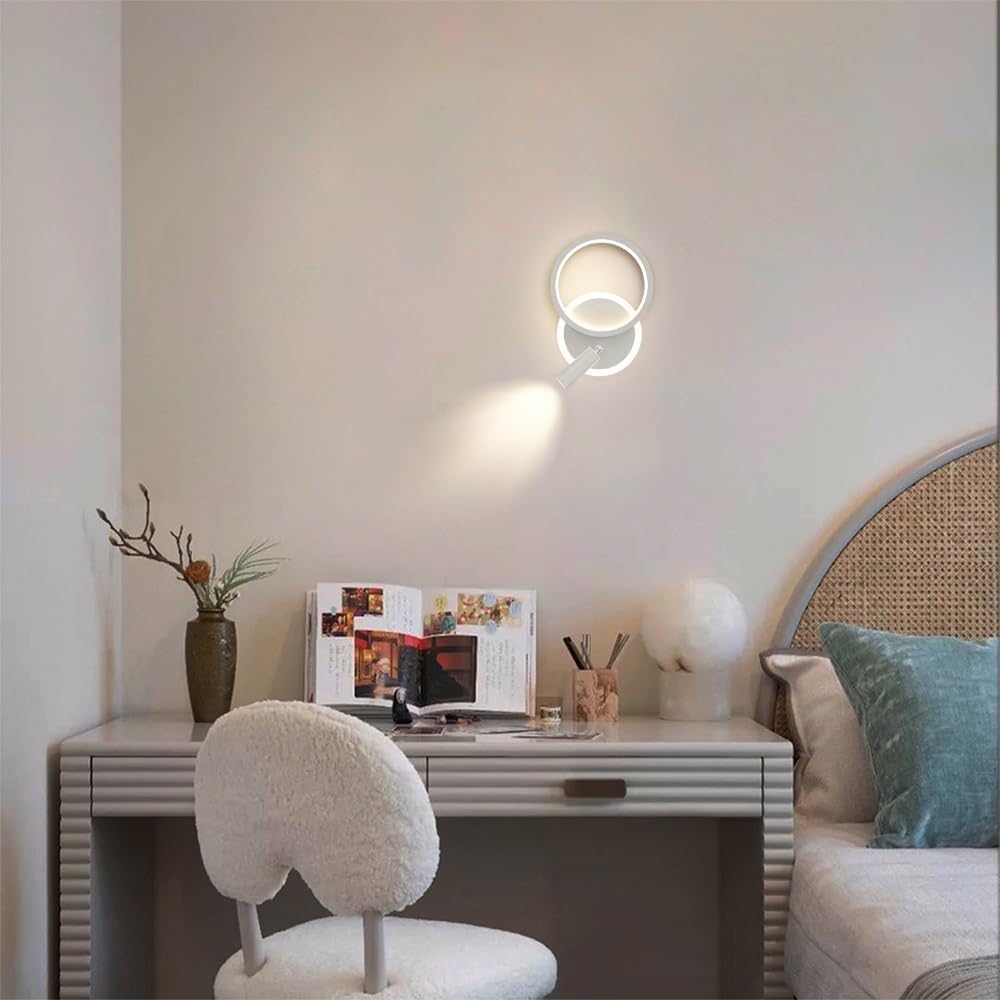 Ring Bedside Wall Sconce, Round Metal Wall Lamp with Acrylic Lampshade, Adjustable Reading Spotlight, Modern LED Wall Light - 18W - 3 Colors, Indoor Lighting Wall Lamps for Bedroom