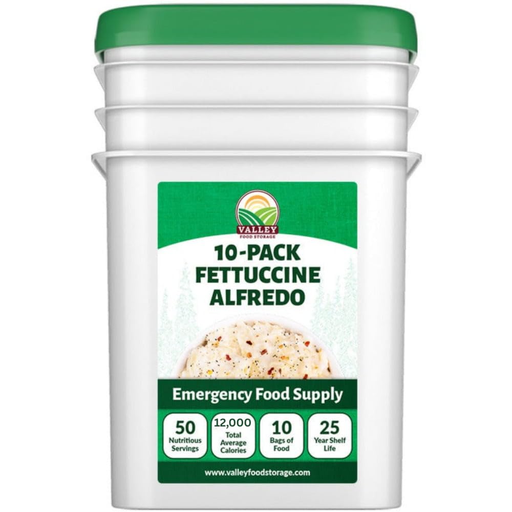 Valley Food Storage Fettuccine Alfredo | 10-Bag Bucket, 50 Servings | Premium Emergency Food Supply, 25 Year Shelf Life | Survival Meal Kits, Prepper Food, Camping & Long Term Food Storage | Packaged in USA