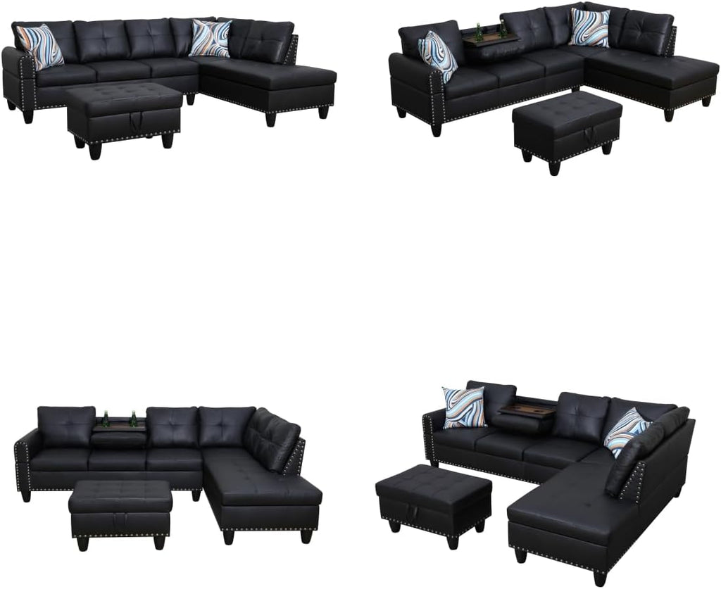 Sectional Couches for Living Room with Movable Chaise & Storage Ottoman - 97.5' Leather L Shaped Couches for Living Room Apartment, Home Modular Sectional Sofas with Cup Holder, Black
