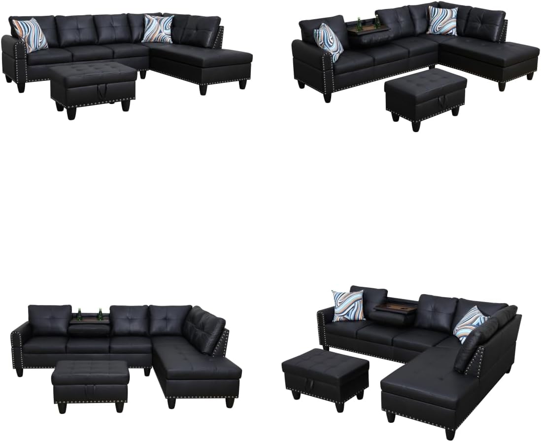 Sectional Couches for Living Room with Movable Chaise & Storage Ottoman - 97.5' Leather L Shaped Couches for Living Room Apartment, Home Modular Sectional Sofas with Cup Holder, Black
