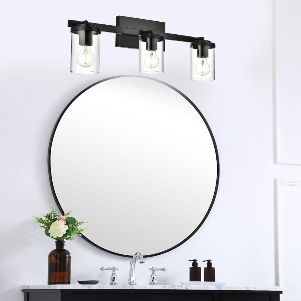 BONLICHT Industrial Vintage Indoor Wall Mount Spotlight 3 Light Modern Semi Flush Mount Ceiling Light Black Adjustable Track Lighting Kit Rustic Bathroom Vanity Light Fixture with Clear Glass Shade