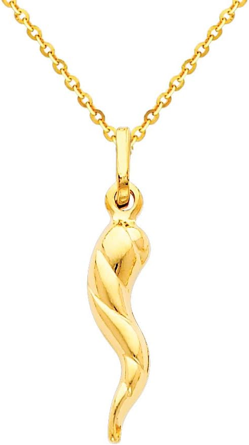 The World Jewelry Center 14k Yellow Gold Twisted Cornicello Italian Horn Pendant with 1.2mm Cable Chain Necklace