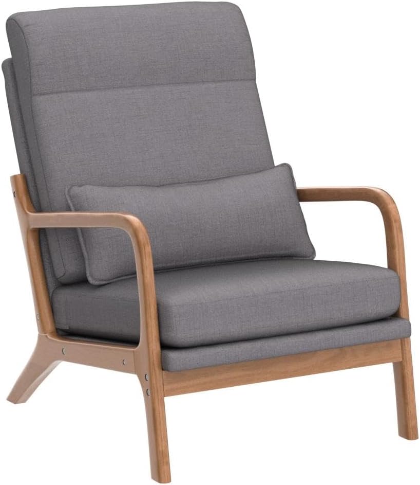 Karl home Accent Chair Mid-Century Modern Chair with Pillow High Back Linen Fabric Upholstered Lounge Arm Chair with Solid Wood Frame & Soft Cushion for Living Room, Bedroom, Balcony, Gray