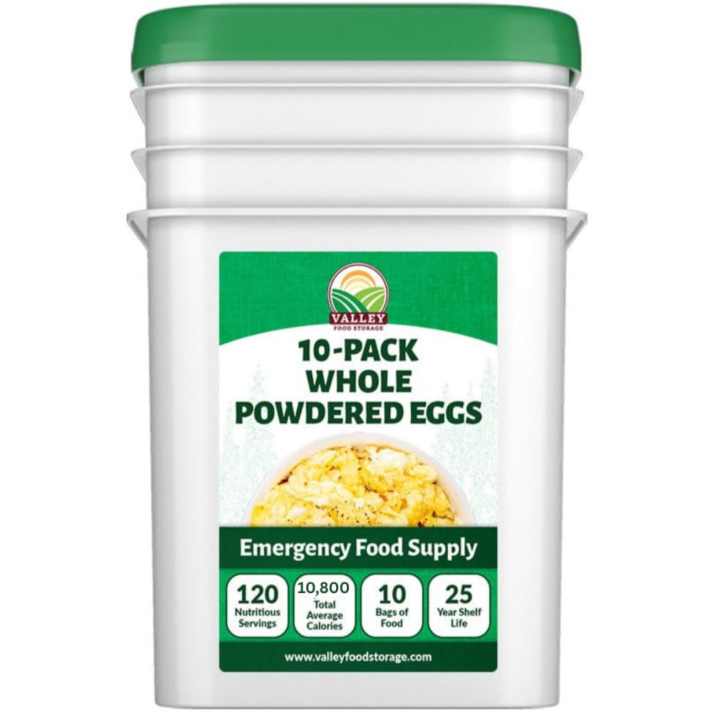 Valley Food Storage Freeze Dried Whole Powdered Eggs | 10-Bag Bucket, 63.5 oz | Premium Emergency Food Supply, 25 Year Shelf Life | Non-GMO Prepper Supplies, Survival Food, Camping & Off-Grid Living