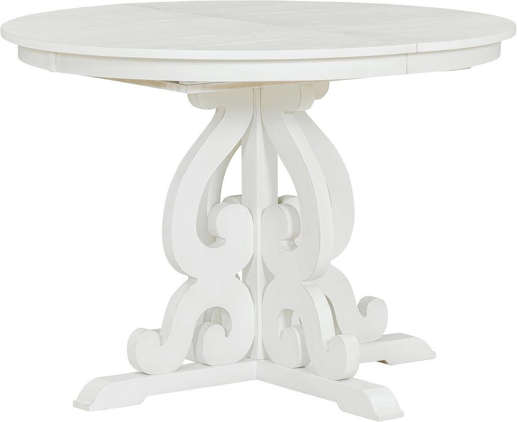 Merax Dining Table Set for 4, Extendable Round Tabletop with 16 inch Leaf and Upholstered Chairs, Retro Hollowed-Out Carving Design, White