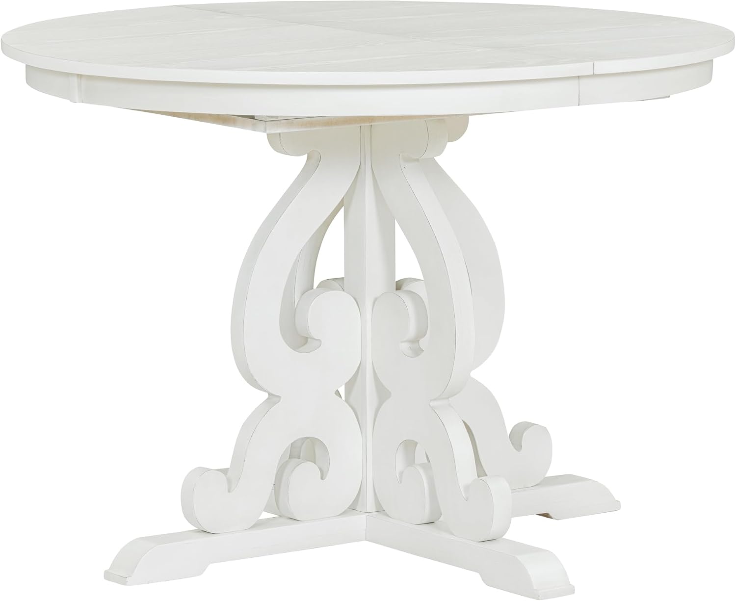 Merax Dining Table Set for 4, Extendable Round Tabletop with 16 inch Leaf and Upholstered Chairs, Retro Hollowed-Out Carving Design, White