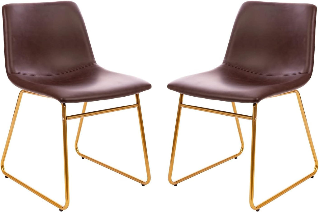 Flash Furniture Butler 18 Inch Commercial Grade LeatherSoft Dining Table Height Chair, Mid-Back Gold Sled Base with Dark Brown LeatherSoft Upholstery, Set of 2