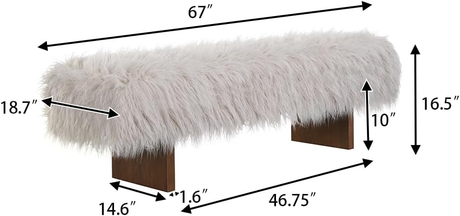 Christopher Knight Home Lenka 67' Long-haired Faux Wool Bedroom Bench, Rubberwood Ottoman Bench, Spacious Seating, Long Footstool for Living Room, Luxury Entryway Bench, Brown+Beige