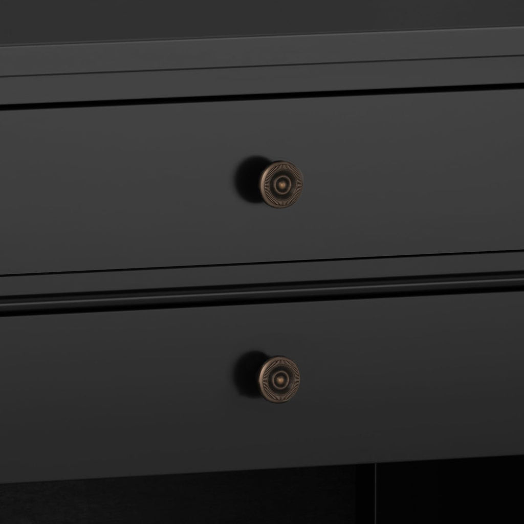 SIMPLIHOME Carlton Bedside Table - 24 inch Wide Solid Wood Nightstand Table in Black, Contemporary Bedroom Side or End Table with 2 Drawers, Open Storage Shelf and Bronze Hardware