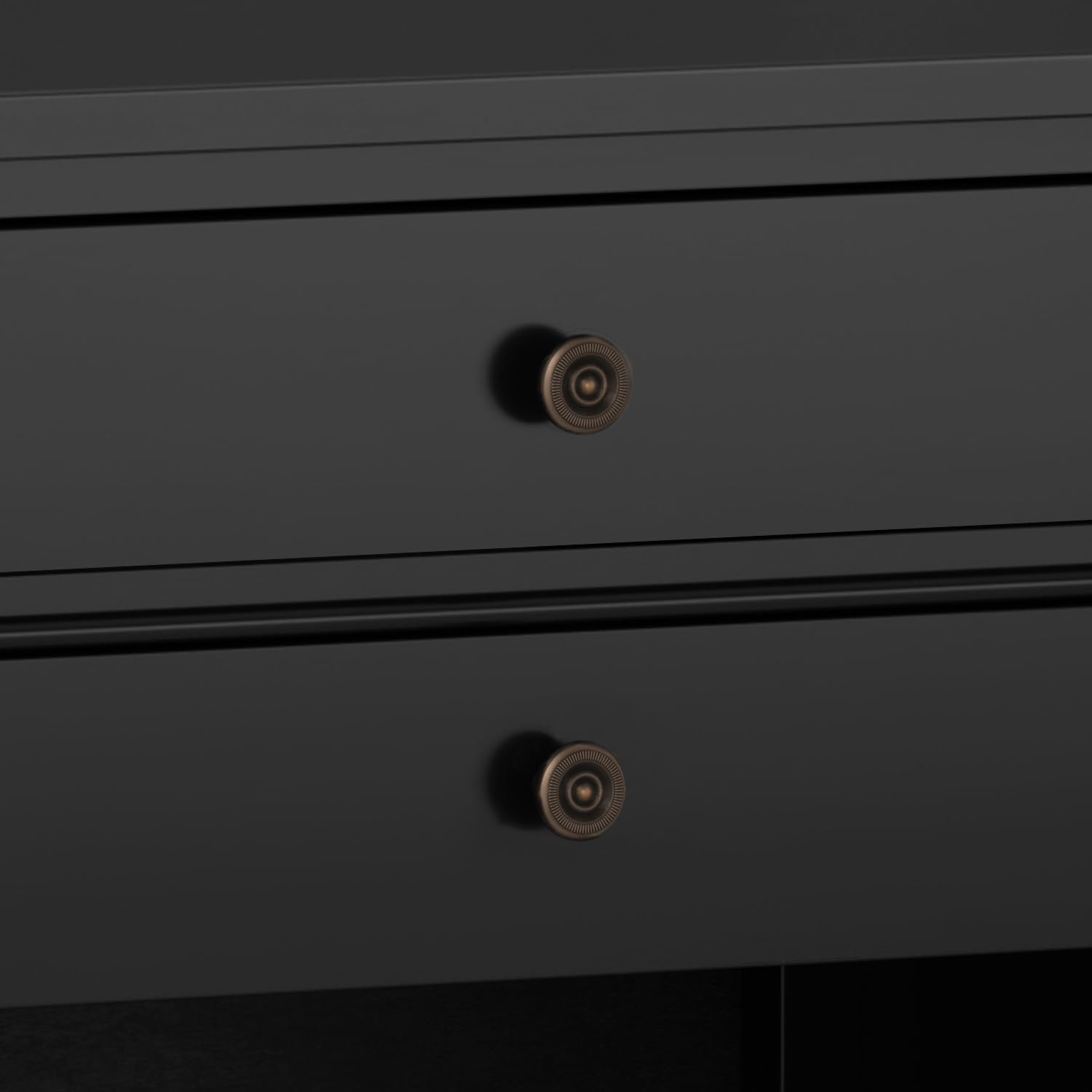 SIMPLIHOME Carlton Bedside Table - 24 inch Wide Solid Wood Nightstand Table in Black, Contemporary Bedroom Side or End Table with 2 Drawers, Open Storage Shelf and Bronze Hardware