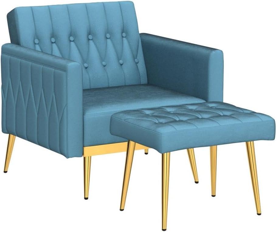 Velvet Accent Chair with Adjustable Armrests and Backrest, Button Tufted Lounge Chair, Single Recliner Armchair with Ottoman and Pillow for Living Room, Bedroom, Baby Blue