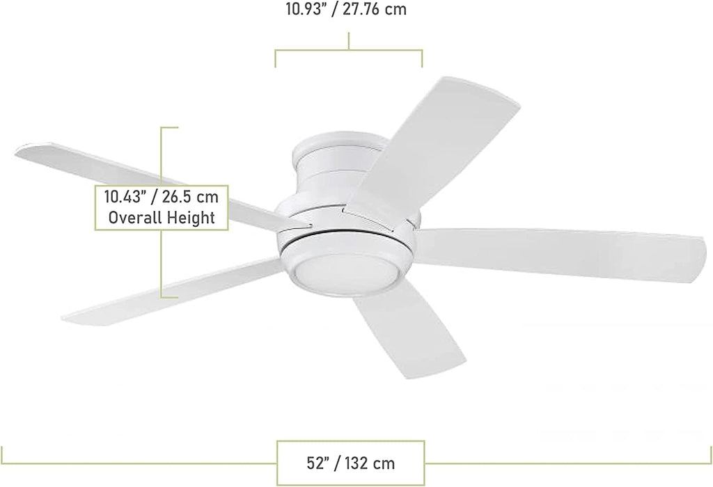CRAFTMADE TMPH52W5 I Tempo 52 Inch 5 Blade Hugger Ceiling Fan with Remote Control - White Finish I 3 Speed Reversible Motor I Contemporary I With Dimmable LED Light I