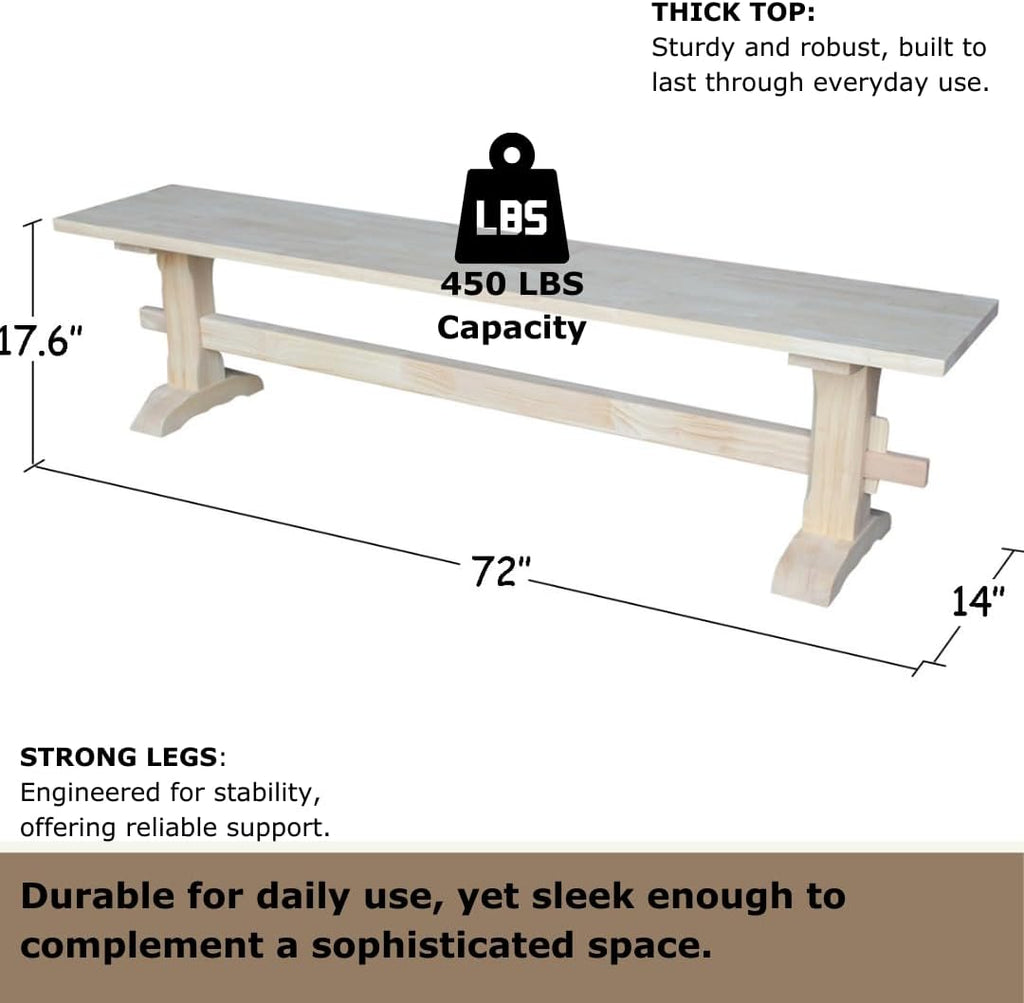 Solid Parawood Trestle Bench Unfinished 72', Kitchen/Dining Furniture, Sturdy & Reliable, Paint or Stain in Any Color, 450 lb Capacity, Entryway, Living Room, Family Room, Breakfast Nook, Unfinished