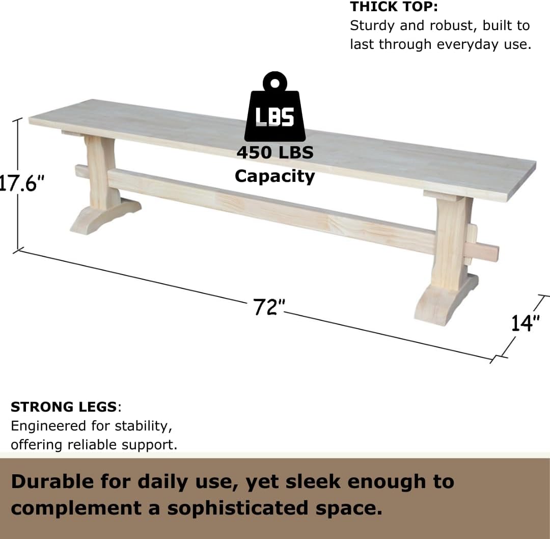 Solid Parawood Trestle Bench Unfinished 72', Kitchen/Dining Furniture, Sturdy & Reliable, Paint or Stain in Any Color, 450 lb Capacity, Entryway, Living Room, Family Room, Breakfast Nook, Unfinished