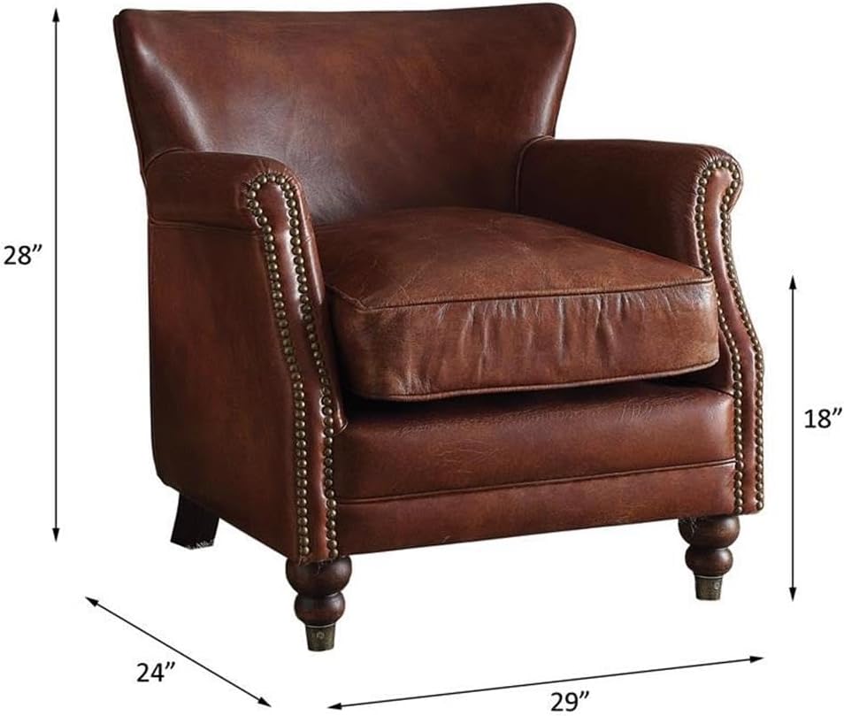 Acme Leeds Top Grain Leather Upholstery Accent Chair in Vintage Dark Brown