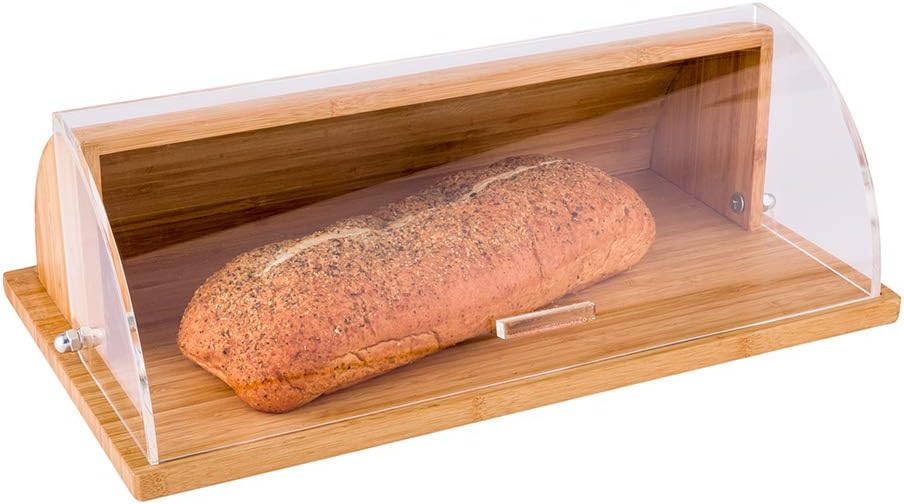 Restaurantware 20 x 11.5 x 6.5 Inch Bread Box 1 Clear Lid Wooden Bread Box - Shatter-Proof Chip-Resistant Natural Bamboo Roll Top Bread Box For Ktchen Countertop Stores Food