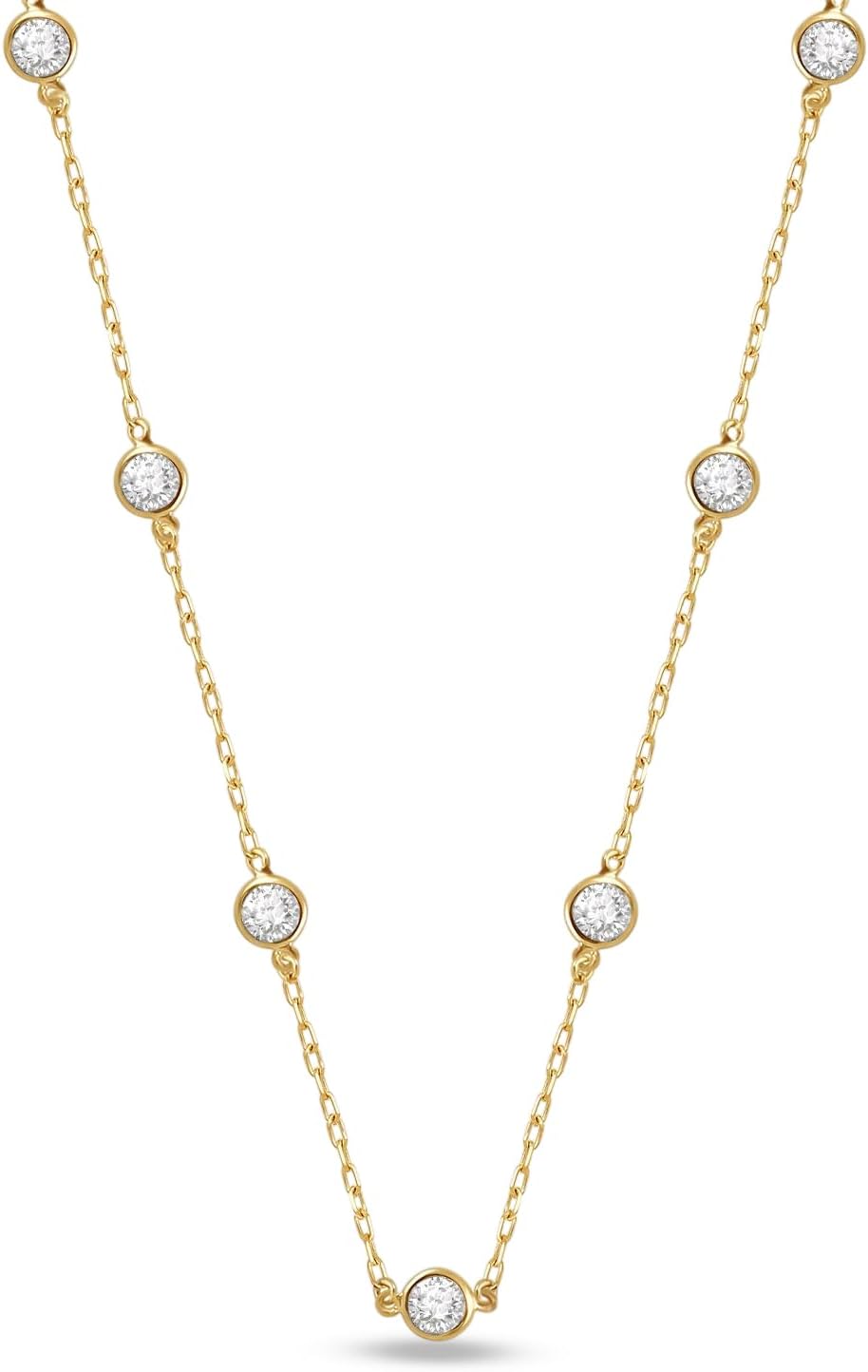 Everyday Elegance 14K White & Yellow Gold Cubic Zirconia Station Cable Chain Necklace for Women | 18' Cable Chain with Spring Ring Clasp | 2 MM, 3.5MM & 4 MM Round CZ Stones | With Jewelry Gift Box