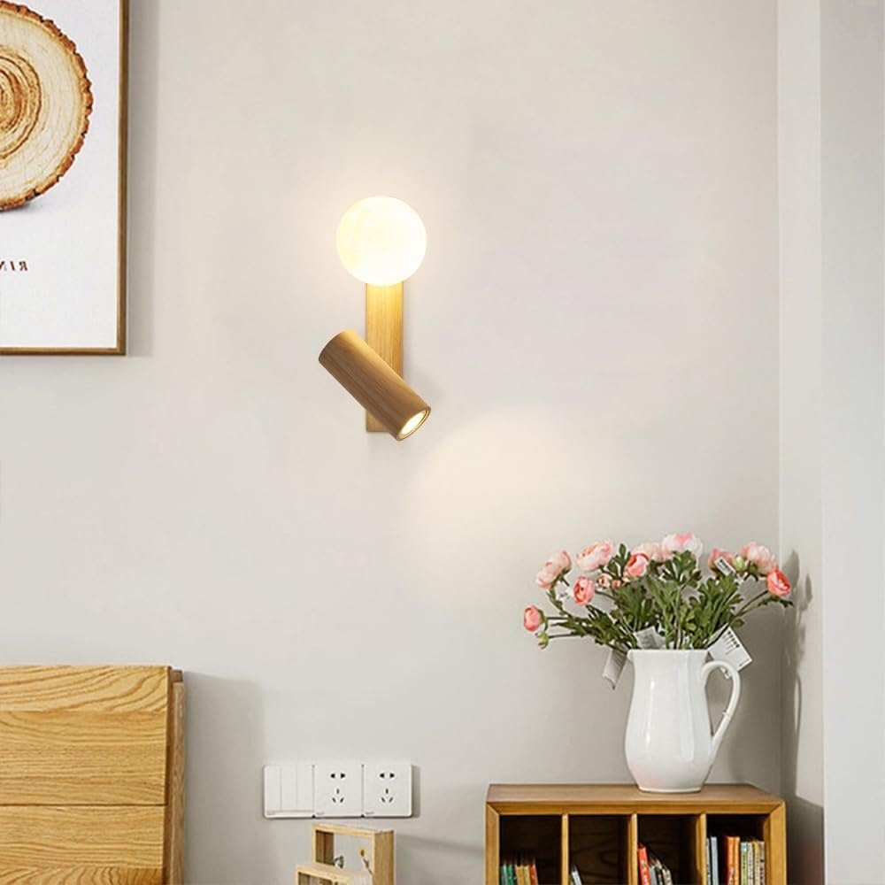 Modern Nordic Solid Wood Wall Sconce Minimalist Globe Acrylic Shade Mount Light with Small Rubber Wood Spotlight Indoor Cozy Ambient Wall Lamp for Living Room Hallway(3 Color Mode) (3 Color Mode