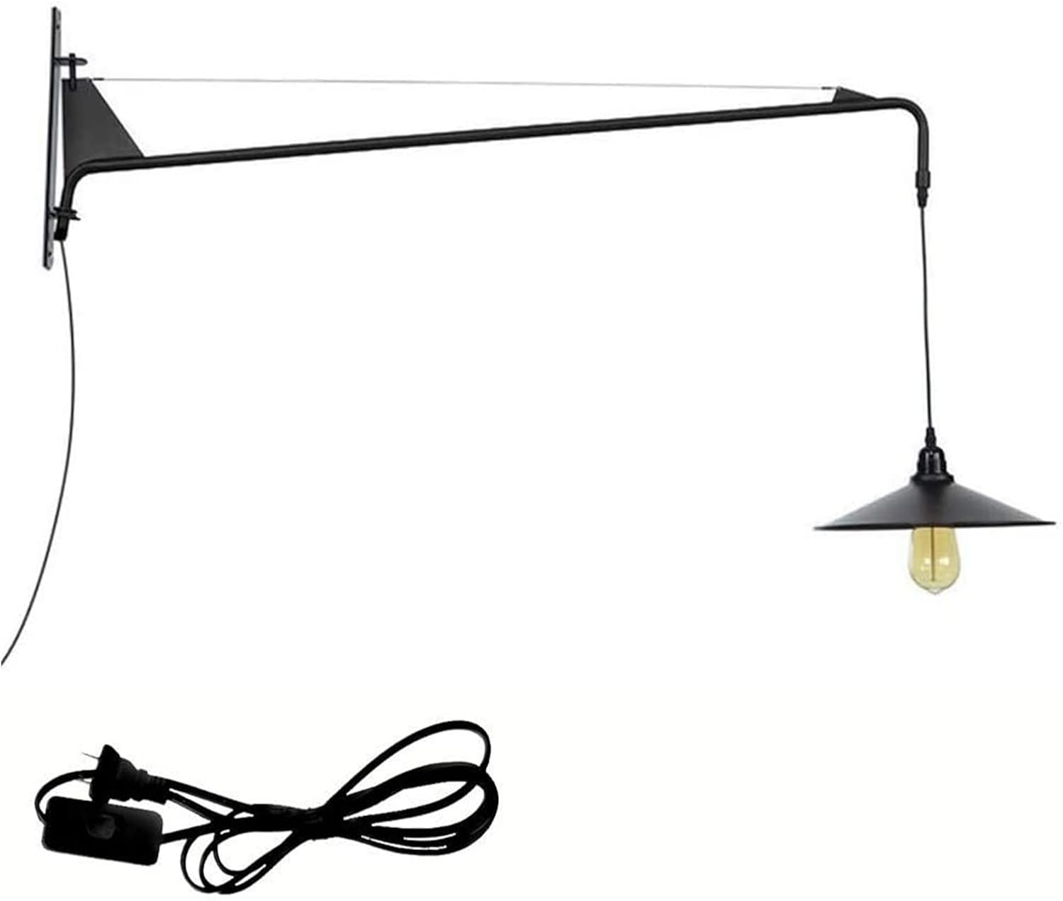 Wall Lamp Swing Long Arm Wall Light Plug in Wall Sconces Adjustable Swing Long Arm Wall Lights Iron Black E27 Vintage with Switch and 1.8m Cable, Industrial Retro Wall Spotlights Indoor Living Room