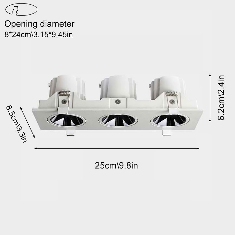 3-Light LED Ceiling Spotlight - Indoor Flush Mount Downlight, Rectangular Aluminum Lamp, Directional Spotlights for Living Room and Bedroom