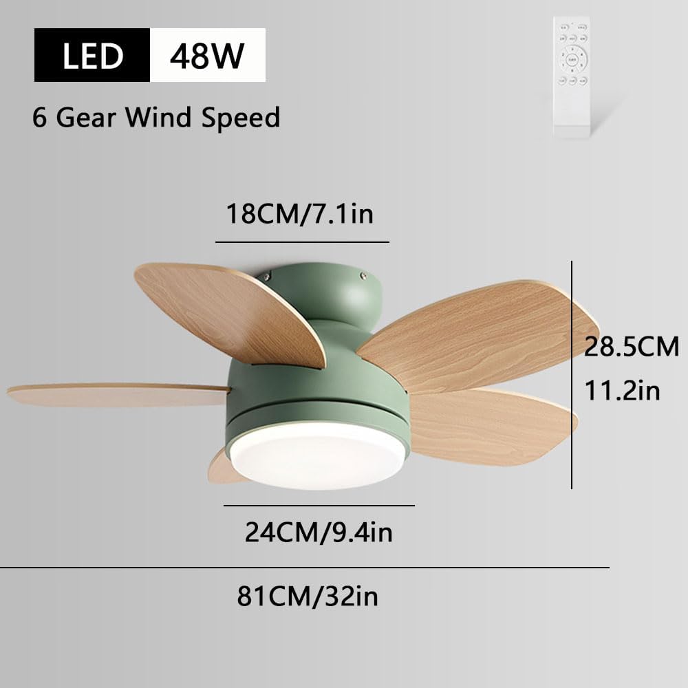 Flush Mount 32in Ceiling Fan with Light 6 Speed Quiet Green Ceiling Fans Remote LED Ceiling Lights Fan Lighting Timing Reversible Fan Light for Bedroom Kids Room Lounge