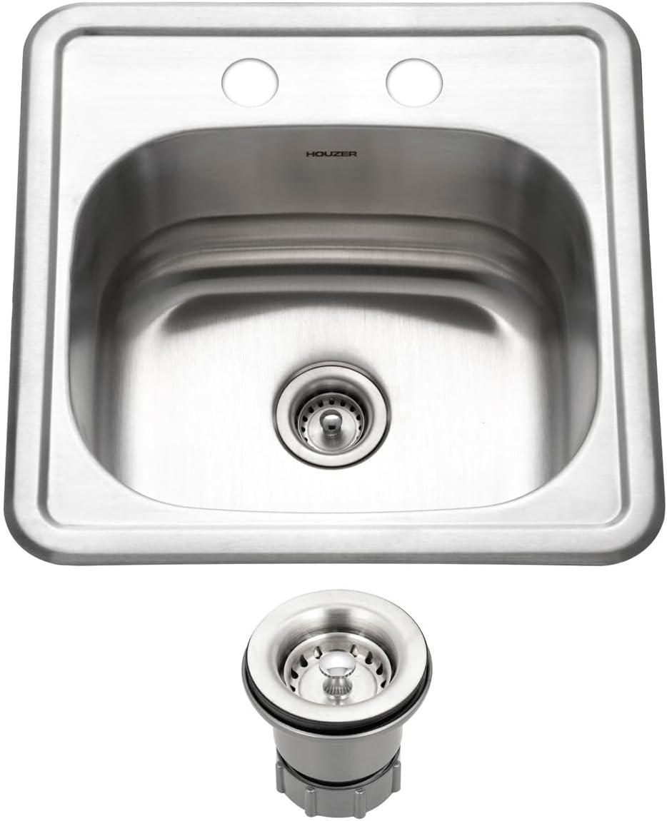 Houzer Hospitality Stainless Steel Bar & Prep Sink: 15 Inch Drop-In Topmount 2-Hole Sink for Bar & Kitchen, Durable & Versatile, Essential for Home & Apartment: 1515-6BS-C
