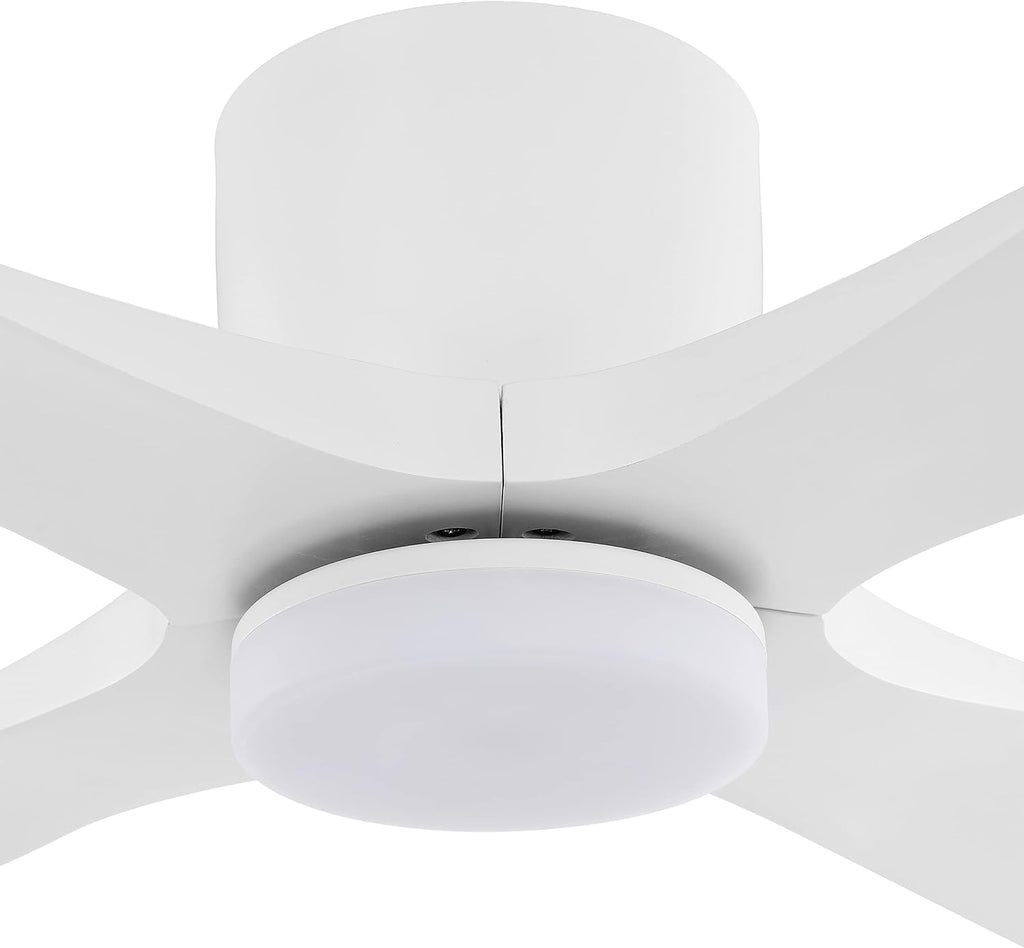 WINGBO 54 Inch Flush Mount DC Ceiling Fan with Lights and Remote, 4 Reversible Carved Wood Blades, 6-Speed Noiseless DC Motor, Hugger Ceiling Fan in Gloss White with White Blades