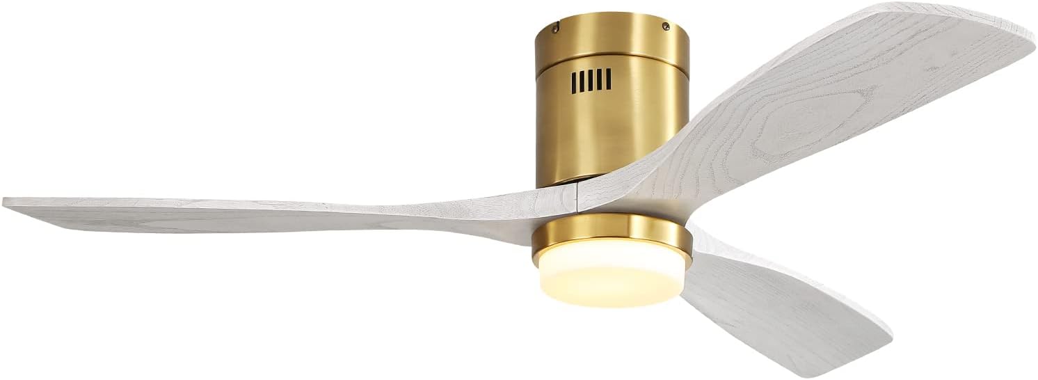 Sofucor 52 Inch Low Profile Ceiling Fan With Lights and Remote, Outdoor Modern Flush Mount Ceiling Fan 6-SPeed 3-CCT with Timer 3 Wood Blades for Bedroom Living Room Patios
