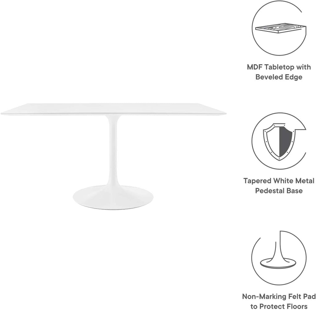 Modway Lippa 60' Mid-Century Modern Dining Table with Rectangle Top and Pedestal Base in White