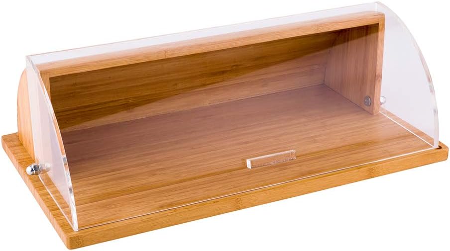 Restaurantware 20 x 11.5 x 6.5 Inch Bread Box 1 Clear Lid Wooden Bread Box - Shatter-Proof Chip-Resistant Natural Bamboo Roll Top Bread Box For Ktchen Countertop Stores Food