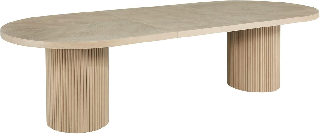 Dobby 90'-123' Extendable Oval Wooden Dining Table, Light Oak | Mid Century Modern, Double Pedestal Base, For 6 People, Large