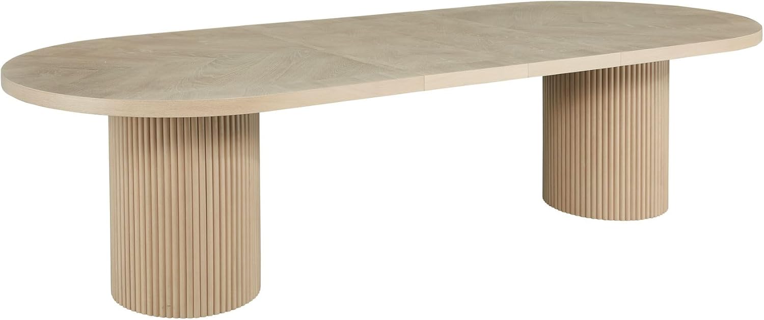 Dobby 90'-123' Extendable Oval Wooden Dining Table, Light Oak | Mid Century Modern, Double Pedestal Base, For 6 People, Large