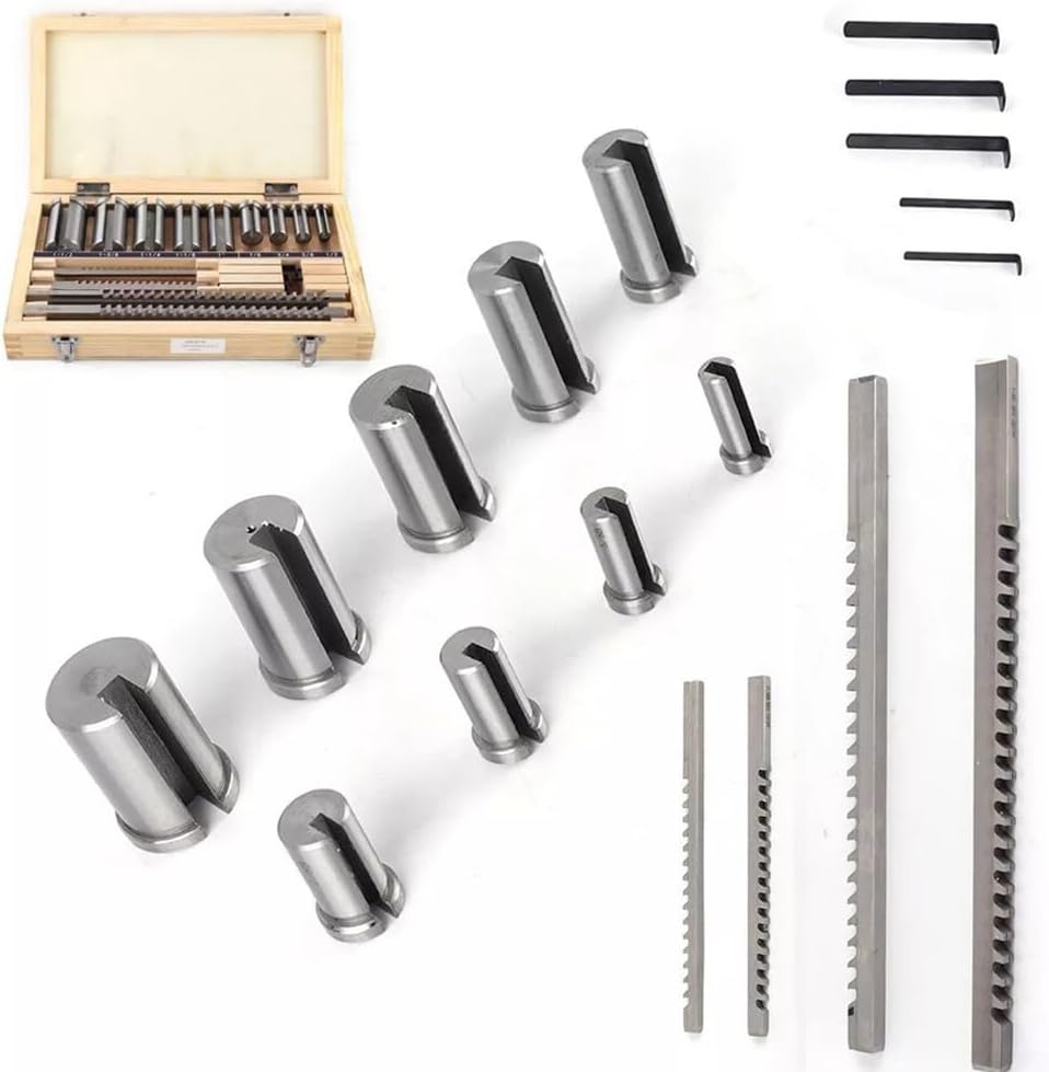 18-Piece HSS Keyway Broach Set with Bushings and Spacers for Imperial Inch Sizes 1/8' to 1-1/2', CNC Metalworking and Machining Tool