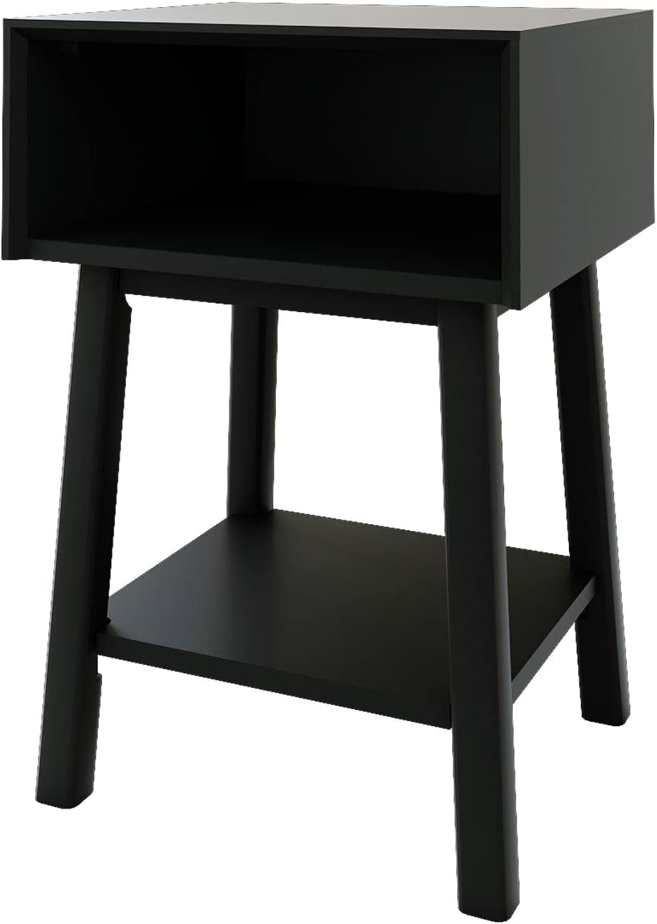 Plank+Beam Wooden Side Table with Cubby Storage Shelf, Mid Century Modern End Tables for Living Room, Small Solid Wood Nightstand, Bedside Tables, Bedroom Furniture, Black