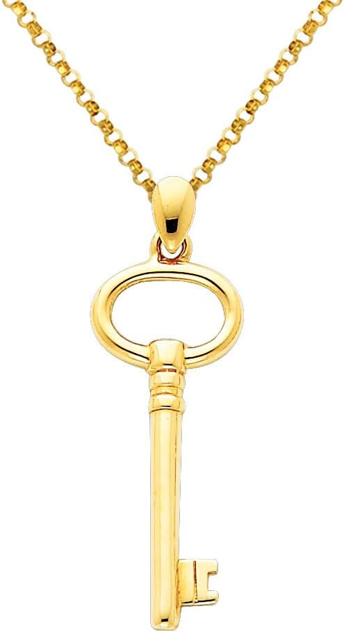 14k Yellow Gold Key to My Heart Charm Pendant with 1.2mm Classic Rolo Cable Chain Necklace - 16'