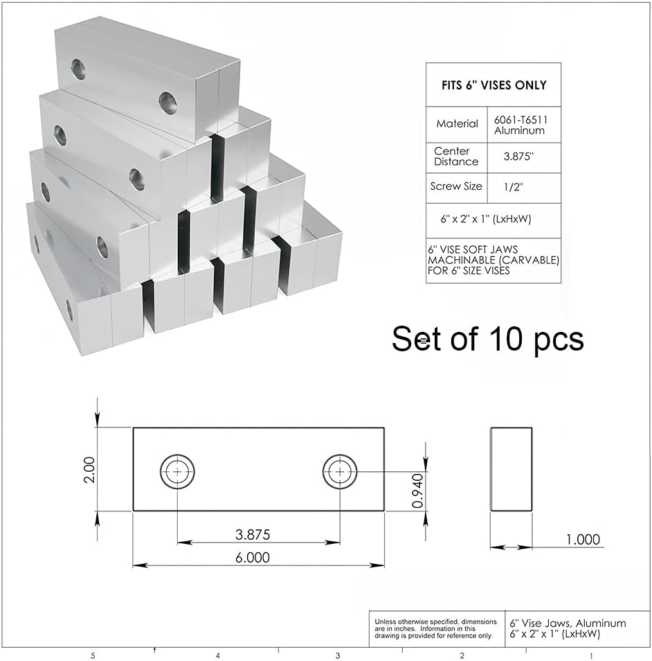 10 Set 20pcs 6 x 2 x 1 Soft Jaws Set Standard Machinable Aluminum Compatible with Kurt 6' Vise Jaws
