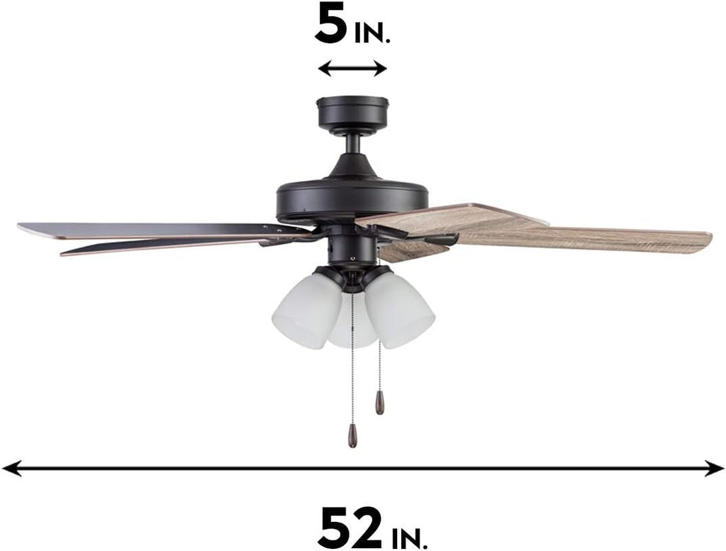 Portage Bay Ceiling Stannor 52' Bronze Indoor Fan with Frosted 3 Light LED Multi Arm E26/A15 Bulb and Pull-Chains, Traditional Style, 5 Reversible Barnwood/Northern Ebony Blades, 51434