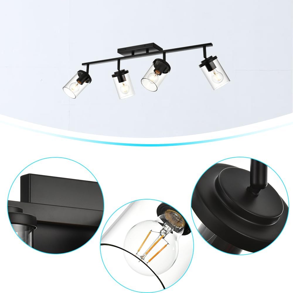 BONLICHT Ceiling Spotlights Track Lighting Kit 4 Light Bathroom Vanity Lighting Black Modern Multi-Directional Ceiling Mount Fixture Industrial Farmhouse Sconces Wall Mount Lamp with Clear Glass Shade
