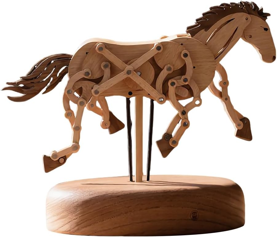 3D Wooden Qianli Horse Dynamic Model, Handmade Animals Sculpture with Traditional Mortise-and-Tenon Assembly, Desktop Relaxation Decor & Art Gift for Adults