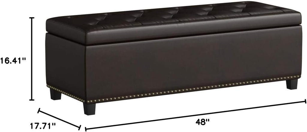 SIMPLIHOME Hamilton Storage Ottoman - 48 inch Wide Upholstered Vegan Leather Rectangle Storage Ottoman Bench in Coffee Brown, Traditional Tufted Ottoman for Living Room or Entryway with Lift-Up Lid