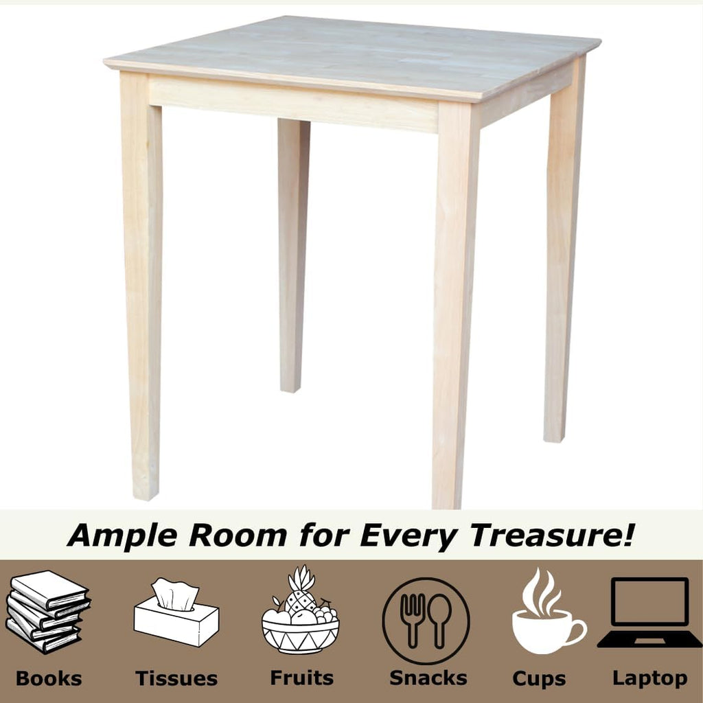 Solid Wood Top Dining Table, 36 Inch High, Unfinished