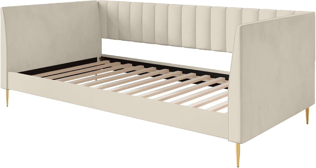 HOME DESIGN Dayton Twin Upholstered Daybed with Tuxedo Arms, Vertical Channel Tufting, Plush Velvet Cushions, and Gold Metal Legs, Beige