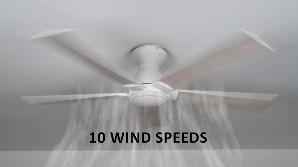 CEME 52 Inch Flush Mount Ceiling Fan without Lights, White Ceiling Fan with Remote Low Profile, 10-Speed Reversible DC Motor, 5 Dual Finish Blades, Indoor for Bedroom